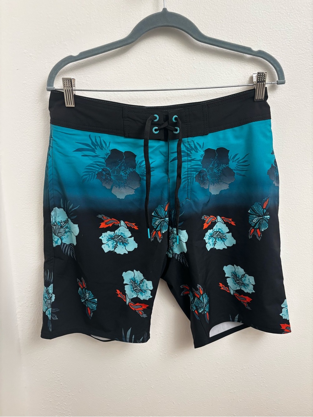 Burnside Men's Black & Teal Tropical Floral Swim Trunks Drawstring Waist 30